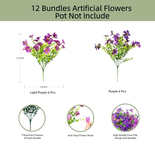Artificial Flowers for Outdoors UV Resistant, 12 Bundles Realistic Faux Daisy with Eucalyptus Leaves Fake Plants for Porch Patio Planter Garden Decoration (Deep Purple Light Purple) - color: Purple Light Purple