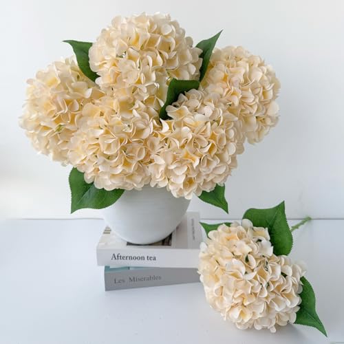 ZYTUYO 5 Pcs Champagne Yellow Silk Hydrangeas Artificial Flower Boho Dried Touch Hydrangeas 20'' Faux for Fall Home Decor Kitchen Living Room Porch Wreath Xmas Wedding Flower Arrangement - color: Champagne Yellow