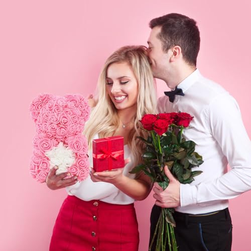 DuHouse 10 inch Rose Bear Artificial Plant for Anniversary, Birthdays, Bridal Showers - Fully Handmade, Unique Gift Box(Pink White Heart) - color: Pink White Heart