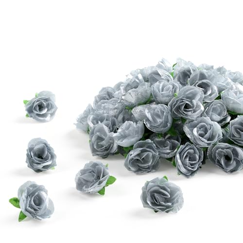 SITUMEIZI 100 Pcs 1.3 inches Mini Silver Rose Head Artificial Roses Fake Silk Silver Flower for Wedding Decor, Graduation Cap, Cake, DIY Flower Wall Mother's Day Home Party Decor - color: Silver