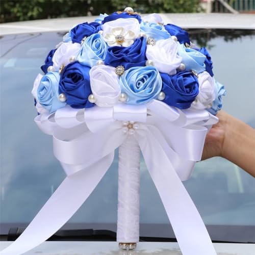 MaxxCloud 8.3‘’ Handmade Romantic Toss Bouquet for Bride Stunning Bridesmaid Brooch Wedding Bouquet with Jewelry Petals 2 Blue and White - color: 2 Blue+white, size: 8.3''/21cm