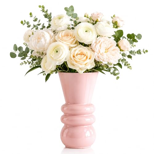 Pink Glass Vase for Flowers, Modern Decorative Flower Vase, Table Centerpiece for Dining Room, Living Room, Office Desk and Home Decor, Floral Arrangement Vase, 9.84 Inch - color: Transparent