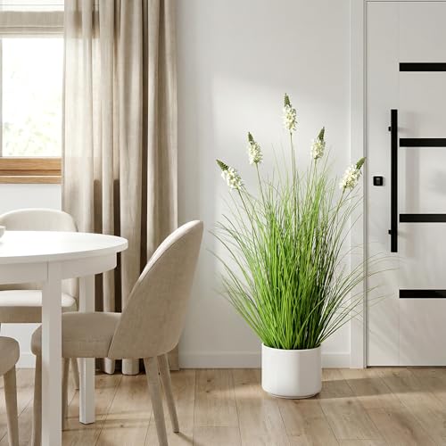 Artificial Plants Indoor Tall Grass Plants with Hyacinth Flower 35.4In Tall Artificial Ornamental Grass Green Onions Outdoor Fake Plants with Black Pot Home Office Decorative (1 Pack,White) - color: 0.9m White1
