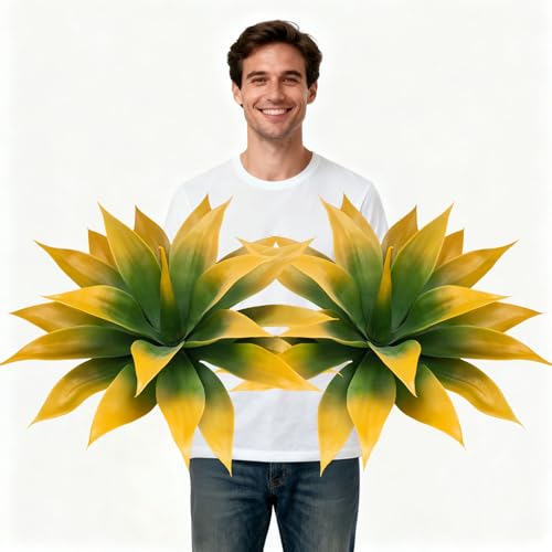 Artificial Agave Faux Agave Fake Greenery Outdoor Artificial Plants Fake Plants for Indoor Home Decoration Plastic Plants Outdoor Decor Front Porch Decor Simulation Plants 18In(Yellow) 2Pack - color: 18''yellow