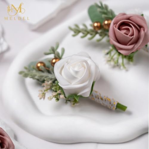 6Pcs Dusty Pink and White Faux Rose Men Boutonnieres for Wedding | Artificial Foam Rose Boutonnieres for Wedding Prom Groom Groomsmen Homecoming Party Suit Decoration - color: 1 White & 5 Pink