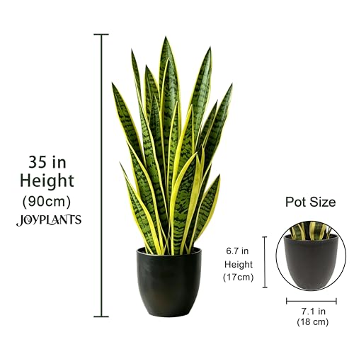 Fake Snake Plant 35'',3ft Artificial Gold Snake Plants Indoor with Black Planter, Realistic Faux Sansevieria Potted for Home Decor, Low Maintenance Greenery for Desk Office Corner Bedroom - color: Yellow-35in