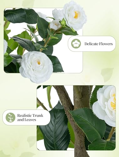 BLOSMON Artificial Trees for Home Decor: Indoor 4.9ft Tall Fake Plants Outdoor Camellia Flowers Tree for Front Porch - Faux White Rose Plant with Pot for Living Room Door Patio Deck Yard - color: White Camellia