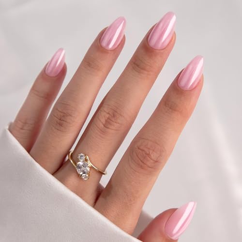 32Pcs Soft Gel Press on Nails for Women, Pink Chrome, Short Almond | Glazed Donut Aurora False Fake Nails Press Ons for Office Daily Wear, Salon Quality Reusable Glue & Stick on Nail Gift Kit - color: 2D-Pink Chrome