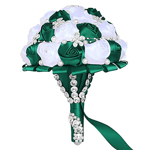Sharebeauty 7.1 Inch Handmade Satin Rose Bridal Bouquet Toss Round Wedding Bouquet Throw Toss Artificial Flower Bunch Deep Green + White - color: W224 G/Deep Green/White, size: 7.1"/18cm