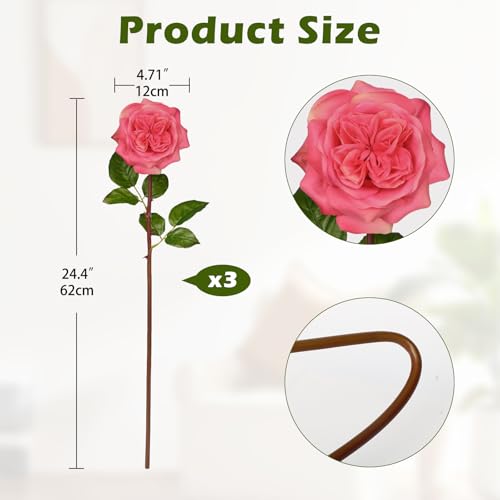 Artificial Roses - Set of 3 Long-Stem Real Touch Silk Roses, 24.4" Faux Flowers for Home Decor, Wedding Bouquets, Centerpieces & Floral Arrangements – Lifelike Violet Red Fake Roses - color: Palevioletred