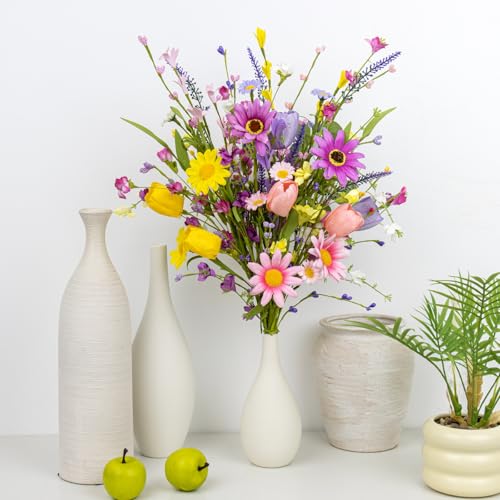 Yawwind 12 PCs Artificial Summer Flowers 17 Inches Pastoral Spring Flowers Colorful Spring Florals Stems with Wildflowers Tulips for Vase Table Centerpiece Indoors Decoration