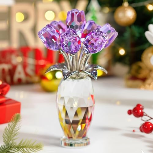 H&D HYALINE & DORA Crystal Rose Purple Flower Figurine,Rose Gifts for Mom Wife Grandma,Glass Flower Collectible Ornament Mother's Day Thanksgiving Anniversary Birthday Gifts - color: Purple