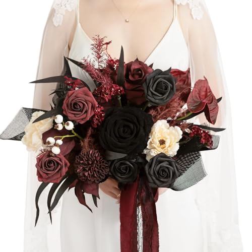 Ling's moment Burnt Orange Wedding Bouquets for Bride, Dark Teal Bridal Bouquets for Bride, 13 Inch Free Form Artificial Wedding Flower Bouquet for Rustic Wedding Ceremony - color: Or-burnt Orange and Dark Teal, size: Small 13 Inch
