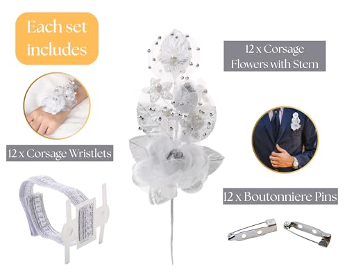 Set of 12 Artificial Silk Organza Craft Rose Flower, 12 Corsage Wristlet, 12 Pin Back DIY Boutonnieres for Wedding, Bridesmaids, Groomsmen, Quinceanera, Prom, Sweet 16 (Silver) - color: Silver