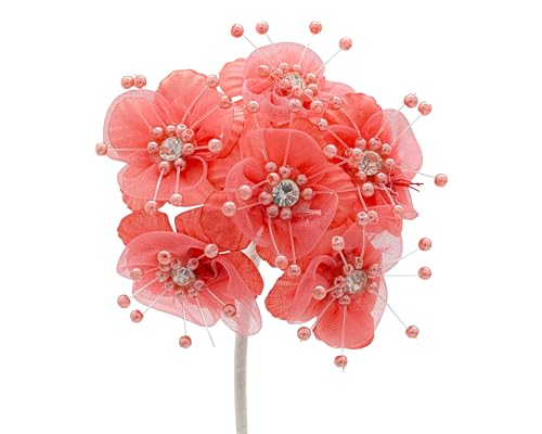 72PC Artificial Organza Flower Rhinestone Pick for Home Craft Decor DIY Wedding Bridal Veil Headband Dress Cake Topper Embellishment Scrapbook Favor Corsage Floral Bouquet Arrangement (Coral) - color: Coral
