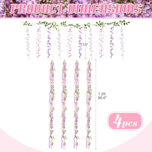 Thiccywoov 4pcs Wisteria Artificial Flowers Garland, 7.2Ft/Piece Wisteria Hanging Flowers Garland for Wedding Arch Decoration Outdoor Ceremony Home Backdrop Garden (Light Purple,White,Light Pink) - color: Light Purple, White, Light Pink