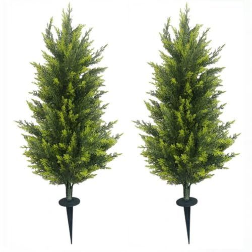 3.5 FT Artificial Cedar Topiary Trees with Ground Spikes, Set of 2 Realistic Faux Cypress Trees UV Resistant Artificial Topiary Shrubs Fake Bushes for Indoor Outdoor Porch Garden