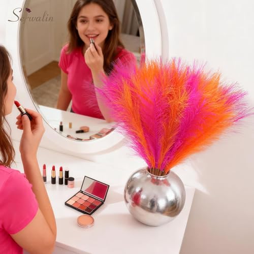Serwalin 6PCS Pampas Grass Decor, 17.7Inch Bright Orange Hot Pink Artificial Pampas Grass Fluffy Fake Pompas Vase Filler Flower Arrangement for Home Wedding Decor - color: A Bright Orange Hot Pink, size: 17 Inch 6 Pcs