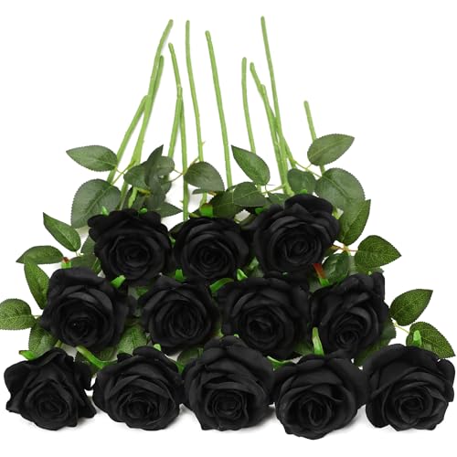 Black Fake Roses Artificial Flowers - 16 Pcs Fake Artificial Roses Silk Flowers with Stems for Home Wedding Hotel Office Centerpiece Decor - color: Black, size: 16 Pcs