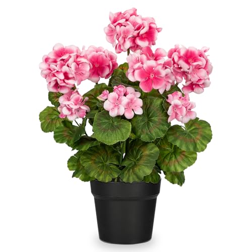 Briful Artificial Geranium Potted Plant – 16” Tall, Realistic Silk Flowers with Vibrant Green Leaves, Pink White Geraniums Fake Flowers for Outdoors Home Décor, Wedding Farmhouse Office Tables Decor - color: Pink