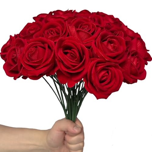 FagusHome 30 Pcs Silk Rose Artificial Flowers Roses Bulk Bouquet Fake Flowers Rose Heads with Stems for Home Wedding Decor (Red) - color: Red