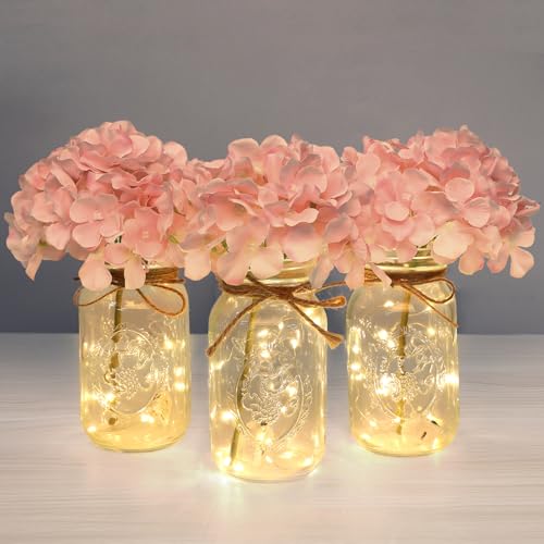 Set of 3 Mason Jar with Lights Blush Hydrangea Decorative Jars Flower Vase Farmhouse Table Centerpiece for Home Wedding Event Party Decor - color: Jar-pink Hydrangea