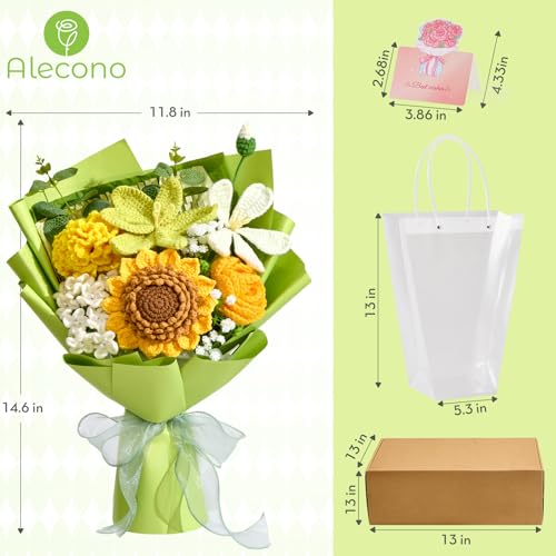 Alecono Crochet Flower Bouquet, Green Knitted Flowers, Crochet Sunflowers for Mother's Day Anniversary Birthday Graduation Lover Valentine Day Gifts (with Card) - color: Green, size: Large