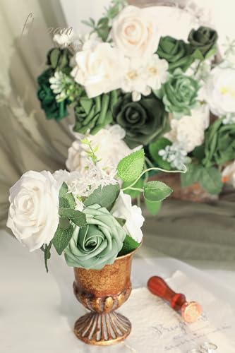 Floroom Olive Green Artificial Flowers Forest Green Fake Roses Peonies Dahlia Greenery Combo Box Set for DIY Wedding Bouquets Bridal Shower Centerpieces Floral Arrangement Party Tables Home Decoration - color: Garden Green