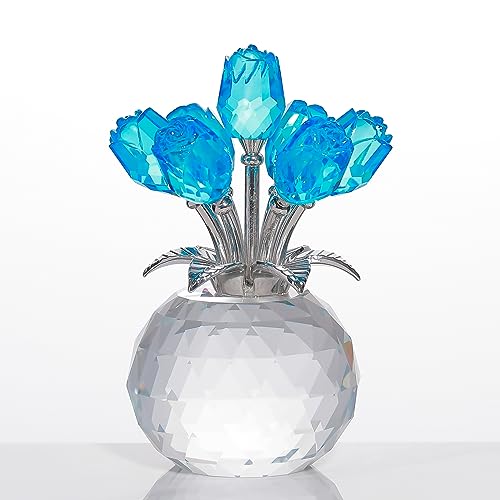 Lake Blue Rose Flower Crystal Figurine with Vase, Bouquet Flowers Ornament Gifts for Wife Girlfriend Women, Handmade Crystal Flower Collectible Home Table Decor for Valentines Day Wedding Anniversary - color: Lake Blue-crystal Rose