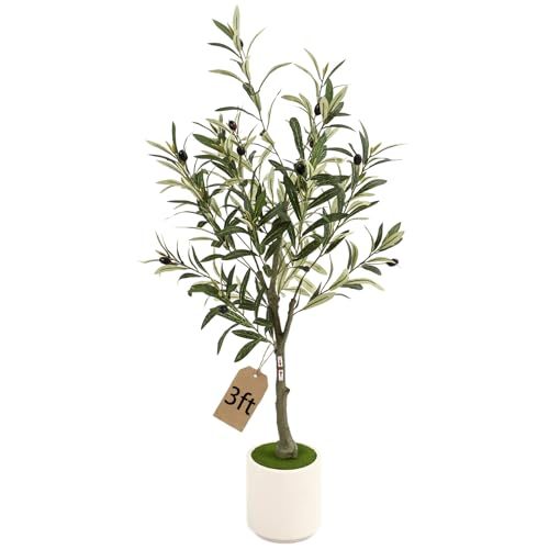 3FT Spherical Fake Olive Tree Artificial Indoor,Faux Olive Tree with Pot,Large Olive Branches and Lifelike Fruits,for Home Office House Living Room Decor. - color: 3ft