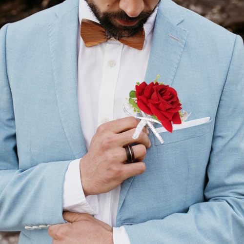 Tucnoeu 2pcs Artificial Red Rose Boutonniere and Corsage Set Corsage Wristlet Band for Prom Decor Wedding Party Flower Accessories - color: Rose Red