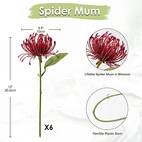 Briful 6PCS Artificial Chrysanthemum Fall Flowers 4'' Faux Pincushion Flower Large Spider Mums Autumn Flowers for Home Décor Centerpiece Wedding Bouquet (Burgundy) - color: Burgundy