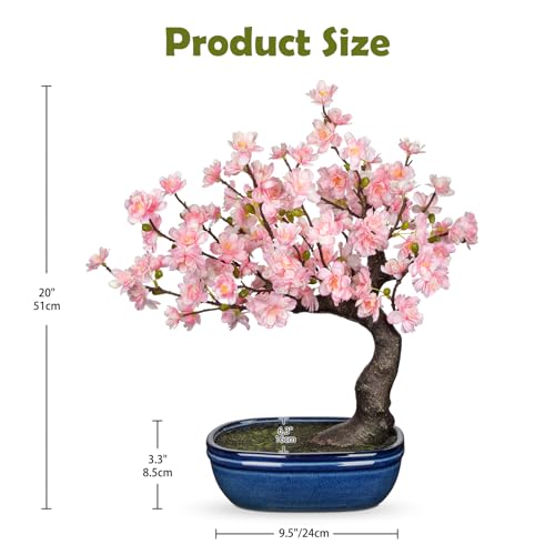 Artificial Cherry Blossom Bonsai Tree in Kiln-Glazed Ceramic Pot, Fake Sakura Flower Desktop Bonsai Plant, Real Touch Silk Cherry Flowers with Twisted Trunk for Home Office Table Zen Japanese Décor