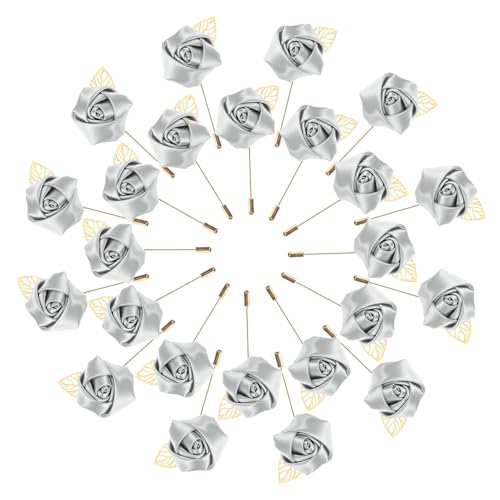 M METERXITY 48-Pack Flower Lapel Pins for Men, Golden Leaf Rose Boutonnieres Pin Groom Boutonnieres for Wedding/Dance/Party, Men Lapel Pins for Suits Satin Flower Corsage [Silver Grey] - color: Silver Grey