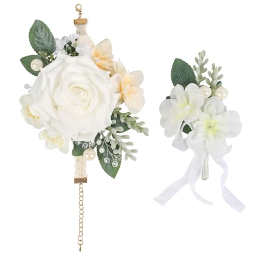 2Pcs Wedding Corsage and Boutonniere Set White Rose Corsage Wristlet and Boutonniere for Men Women Groom Bride Bridesmaid Groomsmen Wedding Party Accessory Prom Decoration (White) - color: White