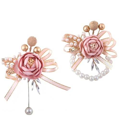 Blush Pink Wrist Corsage and Boutonniere Set for Groom Groomsmen Men Suit Bride Bridesmaid Artificial Flower Wrist Corsage for Wedding Prom Homecoming Party Blush Pink - color: 1 Boutonniere & 1 Corsage (Blush Pink)