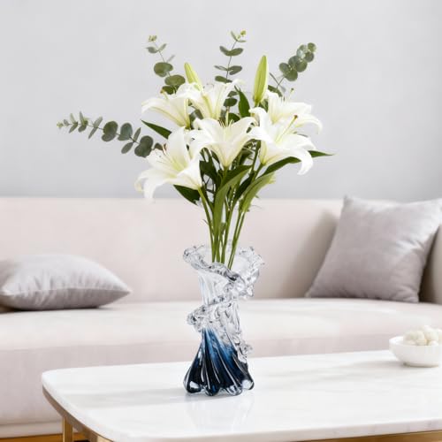 Hand Blown Blue Glass Vase, Unique Art Beautiful Ocean Glass Vase for Coastal Home Decor, Coffee Table, Living Room, Office Decor - 8" H - size: Small