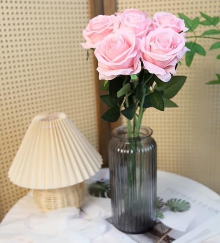IPOPU 6PCS Pink Silk Lop-Sided Rose Artificial Flower with Long Stem Fake Leaf Roses, Artificial Long Stem Fake Roses Suitable for DIY Wedding, Home Decoration and Outdoor Party. - color: Pink