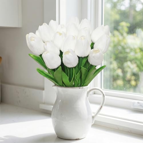 20 Stems Artificial Tulips Pure White PU Fake Flowers Fake Tulips for Valentine's Day Wedding Home Spring Decor