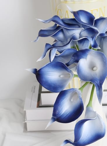 IPOPU 24PCS Real Touch Blue Calla Lily Faux Flowers Arrangement Bouquet for Home Garden Office Party Wedding Bouquet Centerpieces Flower Home Decoration - color: Charming Blue