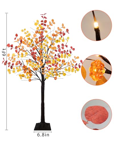 Uieke 4FT 48LED Lighted Fall Eucalyptus Tree Artificial Fall Tree with 12PCS Pumpkins & 8 Modes Thanksgiving Fall Decorations for Home Autumn Decor Indoor Outdoor - style: 4FT Fall Tree(1Pack)