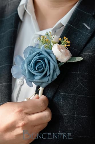 Dusty Blue Boutonniere for Men,Prom boutonnieres,Navy Blue,Groom and Groomsmen Boutonniere for Wedding Ceremony Anniversary, Formal Dinner Party and Grad Night (Set of 6) - color: Dusty Blue, size: set of 6