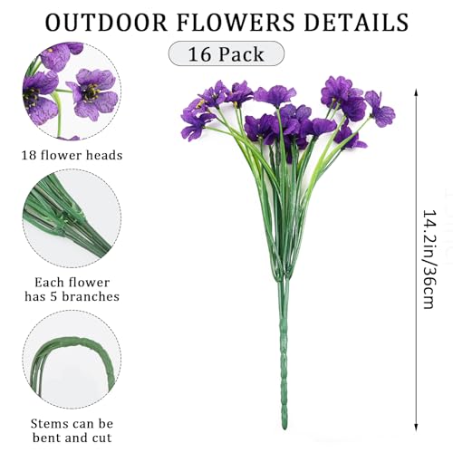 16 Bundles Artificial Flowers for Outdoors Fake Purple Flowers Faux Plants for Indoor Outside Garden Porch Window Box Hanging Planters Home Farmhouse - color: Purple, size: 15inches-16pcs