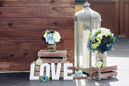 Artificial Flowers Combo Box Set,Silk Fake Flowers Roses Bridal Bouquets Out/Indoor DIY Centerpieces White Flowers for Decoration Arrangements Party Baby Shower Home Cake Decor (White&Blue) - color: White&blue