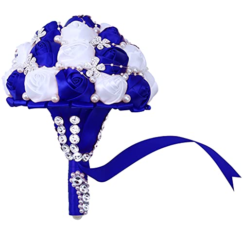 7Inch Handmade Wedding Flowers Bridal Bouquets Crystal Bride Holding Bouquet White Ivory Satin Roses with Diamond Pearl Ribbon.(bluewhite) - color: Bluewhite