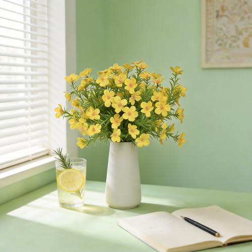 Artificial Yellow Gypsophila Baby's Breath Flowers in Ceramic Vase, 6 Inch White Vase with Faux Cosmos Arrangement, Farmhouse Table Centerpiece for Home Office Shelf Desk Decor - color: Yellow