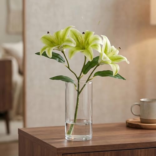 Artificial Lily Flowers,6 Pcs Faux Lily Flowers,Tiger Lily Branch with 3 Full Blooms and 4 Leaves (6, Green) - color: Green