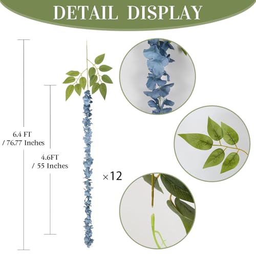12PCS Dusty Blue Wisteria Hanging Flowers 6.4FT Artificial Hanging Wisteria Flowers for Decoration for Wedding Arch, Backdrop, Garden Party Decor (Dusty Blue) - color: Dusty Blue