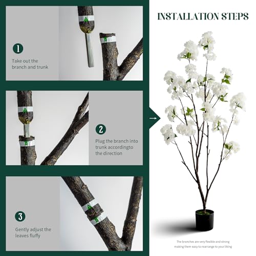Ttranewsoo Fake Tree Cherry Blossom Tree 59'' Artificial Cherry Blossom Tree Tall Fake Plant Faux Trees Indoor Artificial Trees for Home Decor Indoor Applies to Living Room Bedroom Balcony (White) - color: 1.5m White