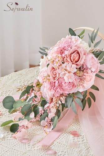 Serwalin 11 Inch Wedding Bouquets for Bride Bridesmaid, Dusty Pink Rose Bridal Bouquets for Bride, Wedding Flowers Bouquet Tossing Bouquet, Wedding Ceremony and Anniversary Decoration - color: A Dusty Pink